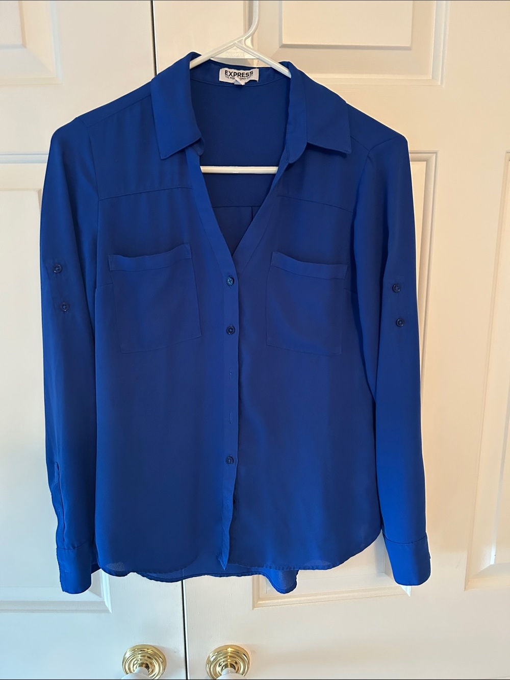 Express Women’s Royal Blue Button-Front Portofino shirt. Slim fit